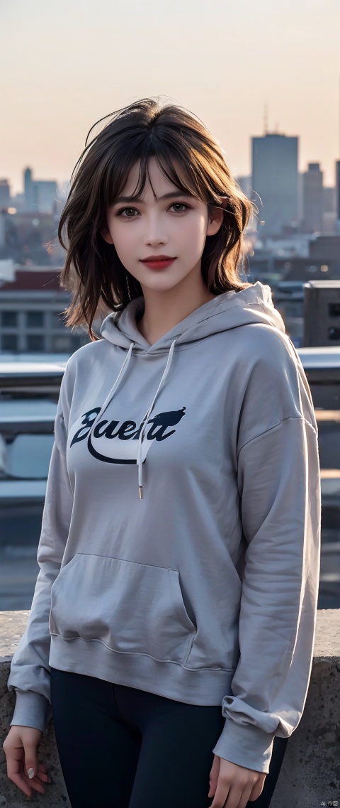  photo of 22 year old beautiful woman wearing casual shirt with a hoodie and leggings standing in front of a city skyline at sunrise, messy medium hair, slim body, medium upper body shot, looking at the camera, short smile, shallow depth of field, 8k uhd, dslr, soft lighting, high quality, photorealistic, realism, hyperrealism, art photography
