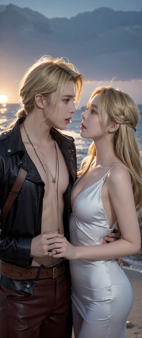 A Pirate and a Mermaid Fall in Love, Unparalleled Beauty, European Blonde Beauty, Korean Handsome Guy (BTS), Kiss on a Deserted Island, Night Sky, Best Quality, High Quality, Movie Scene, Photo Reality, Realistic,