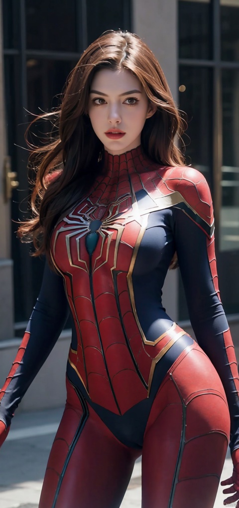 Beautiful woman detailed defined body using spider man cosplay, big breasts