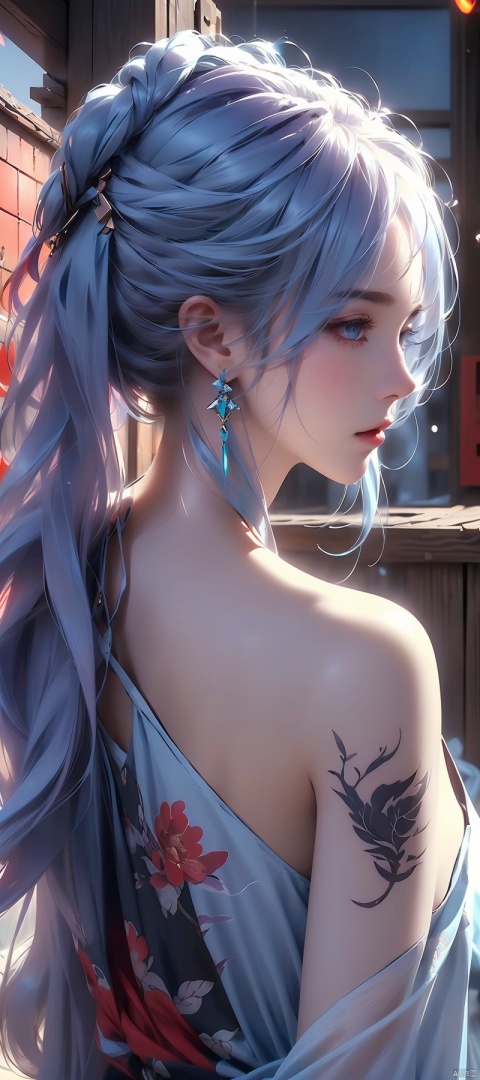 Long lavender hair,bell,pale blue color eyes,Red floral tattoo,Crystal earrings,Quidom,(surrealism:1.1),(Cinematic lighting:1.05),(reflective light:1.1),(Letterbox format:1.15),(profile:1.05),(From behind:1.1),Ultra-high resolution,Masterpiece:1.2,Highly detailed,Fuzzy dragon-shaped smoke