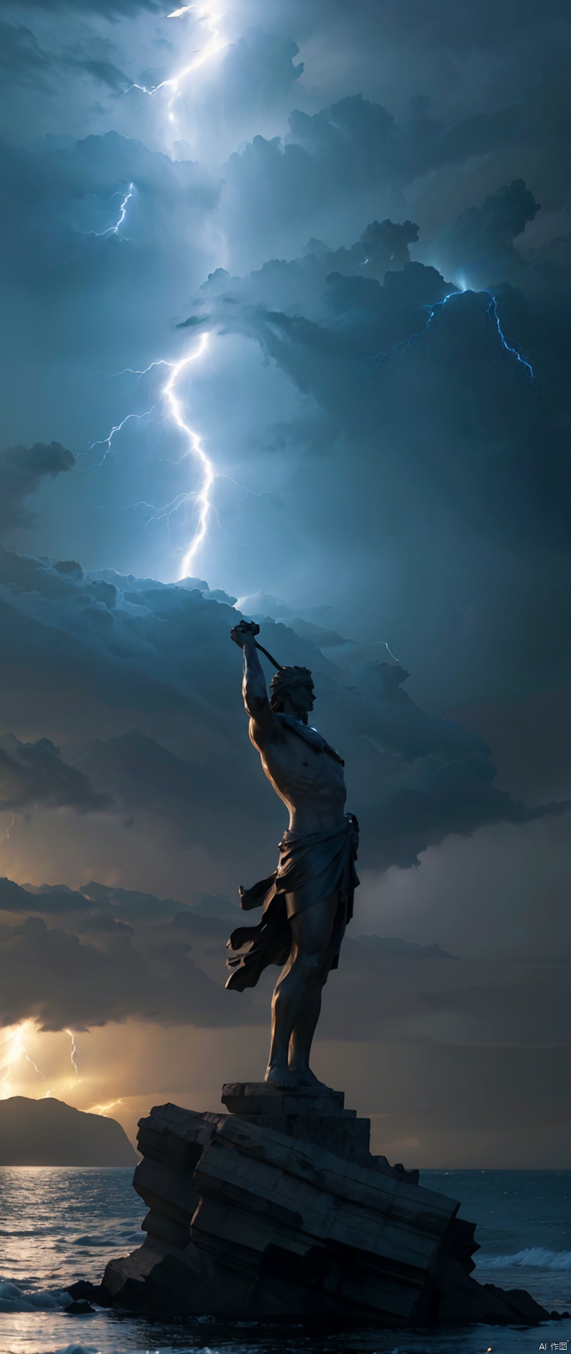 a statue of zeus, dynamic pose, standing on a rock:0.3, (with lightning in the background:1.4), (3/4 view), Clint Cearley, arnold render, a marble sculpture, (cinematic:1.4), slate gray atmosphere, hyperdetailed, soothing tones, insane details, low contrast, (((full body))), (centered), stormy sky, epic sky, volumetric lighting,