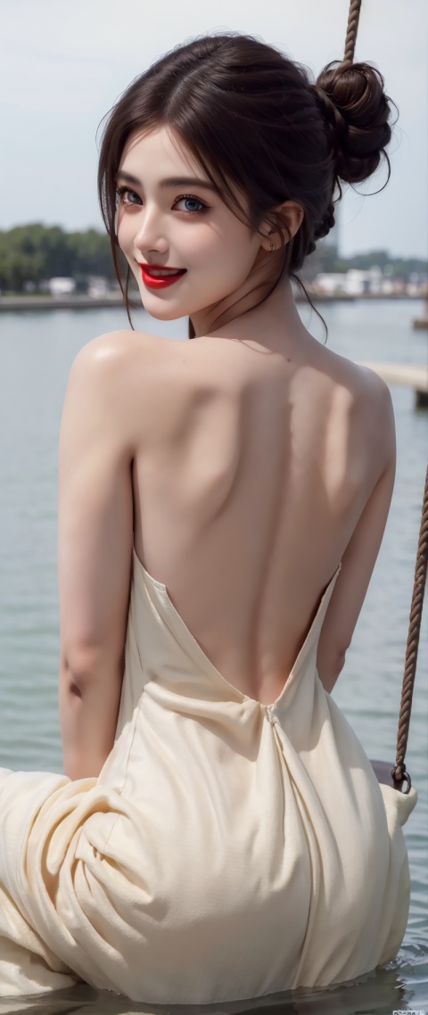  1girl,solo,full body,sitting,(swing:1.3),brown hair,bare back,(Long Dress:1.2),backless dress,jewelry,(smile:1.3),shy,blush,Sexy,hair bun,plant,(flower:0.7),from behind,back,red lips,water,scenery,reflection on the surface of the water,(8k, 4k, best quality, highres:1.1),realistic,photorealistic,magazine cover,(illustration),(masterpiece),detailed,clear sharp focus,cinematiclighting,(realistic, photo-realistic:1.1),beautiful face,intricate,highly detailed,digital photography,(masterpiece, sidelighting, finely detailed beautifuleyes:1.2),hdr,physically-basedrendering,professionallighting