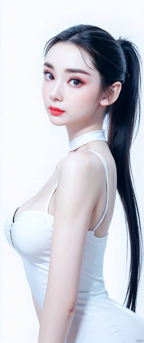 A slender woman, red glossy lips, (Extremely detailed beautiful face), (The sexiest look), (black clothes), (best quality), (Super detailed), (Extremely detailed CG unified 8k wallpaper),original photo, Professional photography, (standing), (pure white background:1.5),(Long black ponytail hair:1.2),Show forehead,(cleavage),(Warm light source),(big eyes),(SMALL breast),(Pictures of thighs and above:0.5),(average light source)