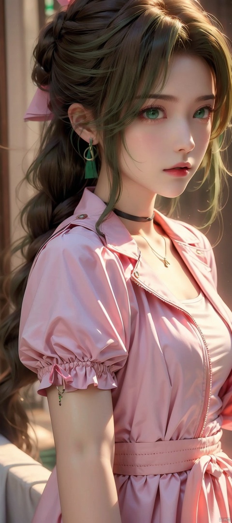 (masterpiece, best quality), 1girl,   aerith gainsborough, braid, braided ponytail, (green eyes:1.5), hair ribbon, long hair, parted bangs, brown hair, sidelocks, bangle, bracelet, choker, cropped jacket, dress, jacket, jewelry, long dress, pink dress, pink ribbon, puffy short sleeves, puffy sleeves, red jacket, ribbon, short sleeves,