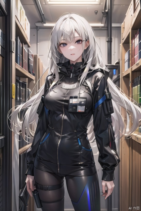 (absurdres, highres, ultra detailed), 1woman, mature female, aged up, wavy long hair, white hair, black eyes, bangs, long sleeves, finely detailed eyes and detailed face, extremely detailed CG unity 8k wallpaper, intricate details, portrait, looking at viewer, solo, (full body:0.6), detailed background, detailed face, (matrix theme:1.1) evil high-tech futuristic hacker,  advanced technology, hoodie, techwear, wearable device, keycard, cables, head-up display, blue (holographic display:1.05), access granted,   cybersecurity, server room in background, orange lights,  dark sinister atmosphere, , portrait, wind swirling