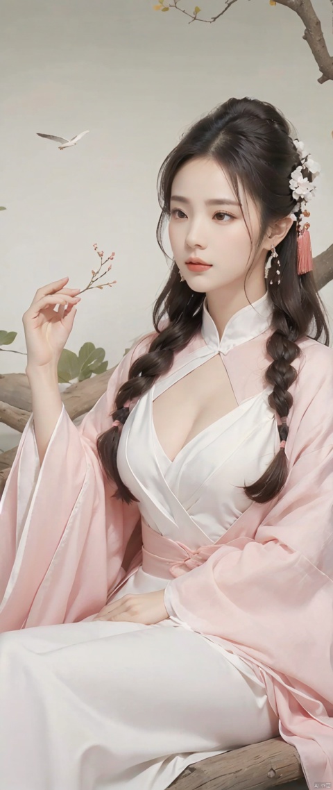 A woman in a white dress sits on a branch, a bird flies over her head, a bird flies over her head, 1 girl, hanfu, hair accessories, black hair, long sleeves, chinese clothes, shawl, holding , jewelry, solo, long hair, full body, dress, tassel, earrings, tree, forehead mark, wide sleeves, breasts, hair stick, flower, bun, pink dress, cleavage, bird, closed mouth, norfleet, best quality, masterpiece , super high resolution, Chinese clothes,
