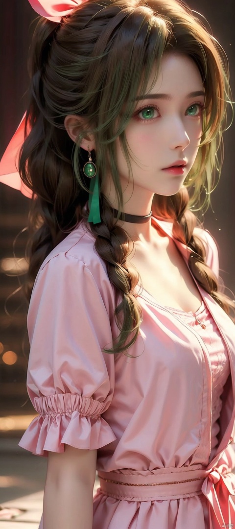 (masterpiece, best quality), 1girl,   aerith gainsborough, braid, braided ponytail, (green eyes:1.5), hair ribbon, long hair, parted bangs, brown hair, sidelocks, bangle, bracelet, choker, cropped jacket, dress, jacket, jewelry, long dress, pink dress, pink ribbon, puffy short sleeves, puffy sleeves, red jacket, ribbon, short sleeves,