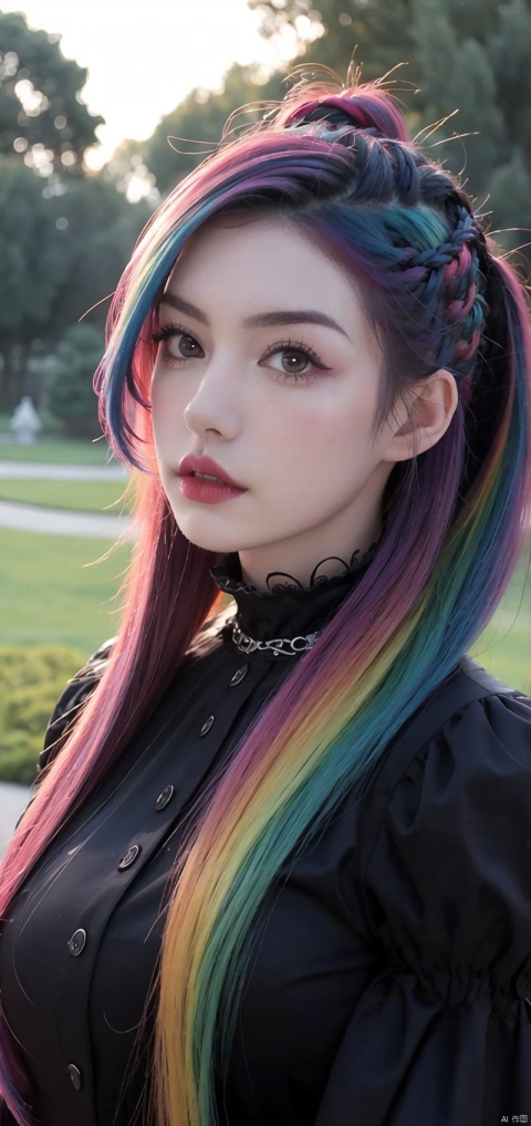 En un hermoso parque una mujer de aspecto moderno. It has a very colorful and striking kawaii gothic style.., con un maquillaje elegante y una peluca colorida. ((Rainbow hair))