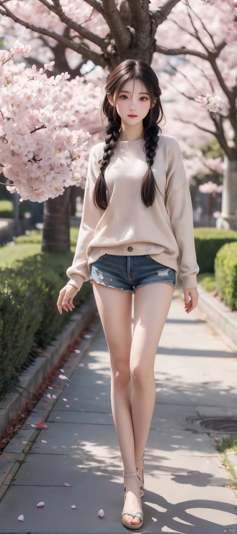 (masterpiece, best quality:1.2),Sexy sweater,Eyes are very delicate,（（（Beautiful girl with double braids）））,Under the cherry blossom trees,Sakura petals are flying all over the ground,Dream style,Full body image