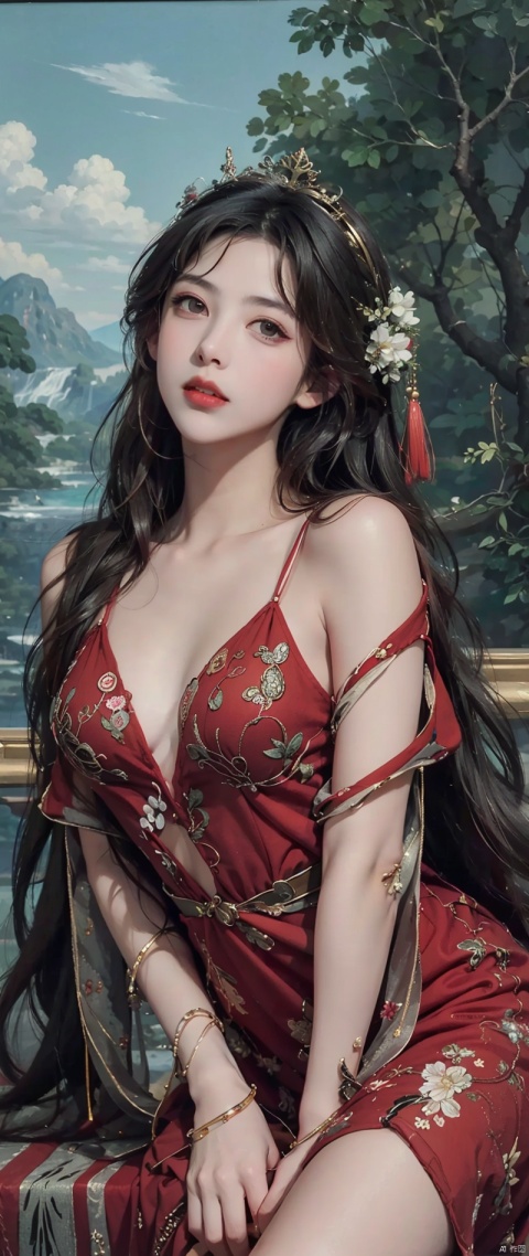 best qualtiy,tmasterpiece,（oil painted：1.5）,A woman with long black hair,Exquisite facial features,head gear,Sit in front of a Chinese landscape painting,Red dress,（Amy Saul：0.248）,（Stanley Ategg Liu：0.106）,（a detailed painting：0.353）,（Renaissance classical oil painting style：0.8）