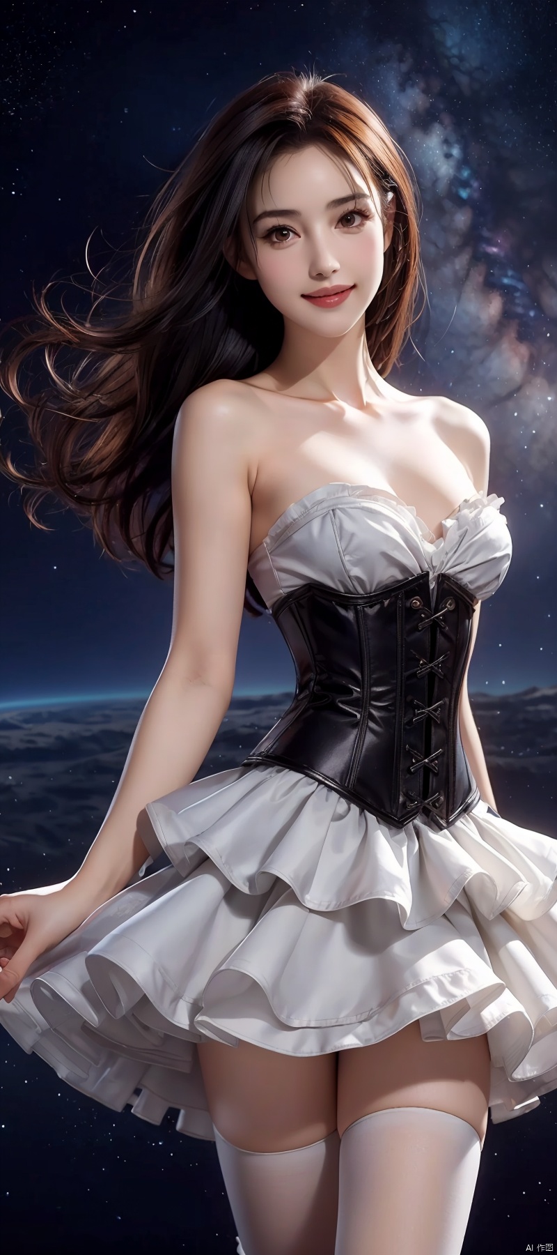 (best quality:1.2), Cowboy shot, Alone, 1 girl, Cheryl Nome, Smiling, Closed mouth, Looking at the viewer, Strapless dress, Corset, Layered skirt, Knee-high socks, Bare shoulders, Outer space, Stars (sky)