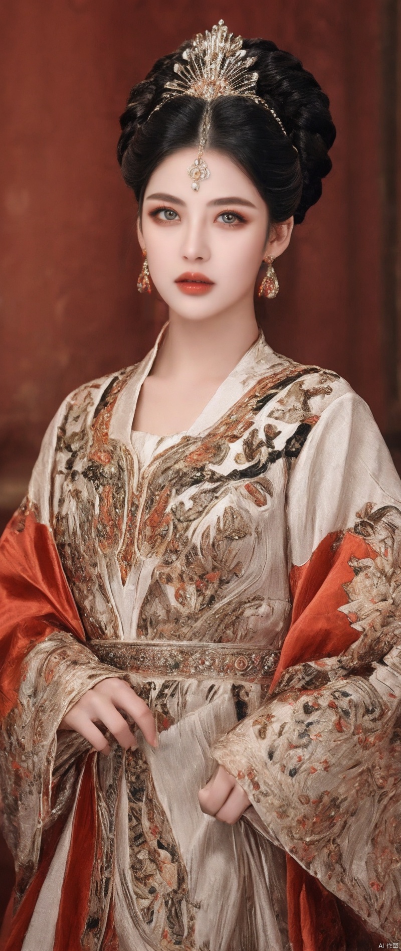 tmasterpiece,Highest image quality,Beautiful bust of a royal lady,Delicate black hairstyle,Amber eyes are clear,Embellished with a dazzling array of intricate jewelry,super detailing,upscaled。