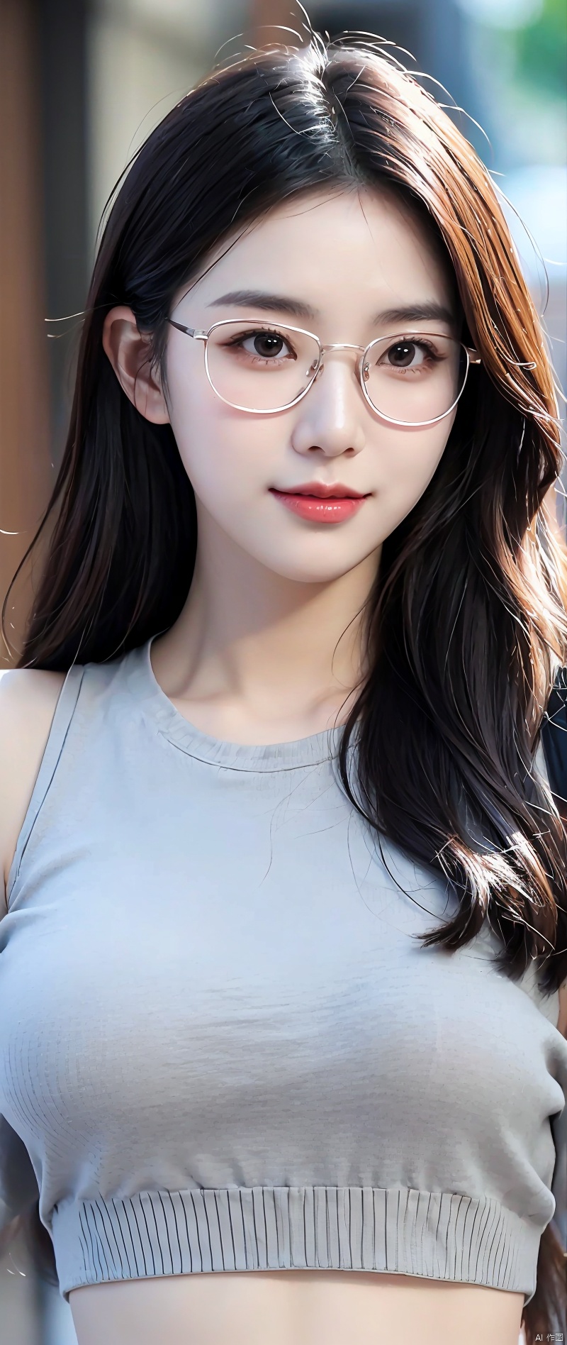 close-up of beautiful korean female, 34 inch breasts size, slightly smile , wearing  gray striped crop  top, glasses, carry bag, bokeh background 