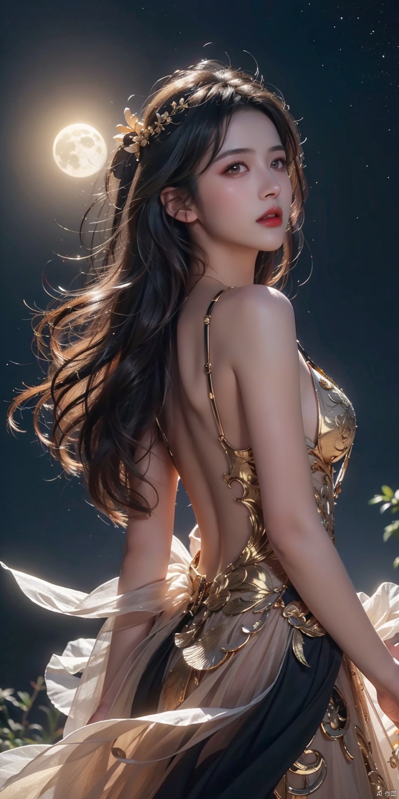  (extremely detailed CG unity 8k wallpaper, masterpiece, best quality, ultra-detailed), best illustration, an extremely delicate and beautiful, high resolution, dynamic angle, dynamic pose, (1girl), dark skin, black hair, yellow eyes, golden accessories, magical girl outfit, moonlit night, glowing stars, mystical background., ruhua