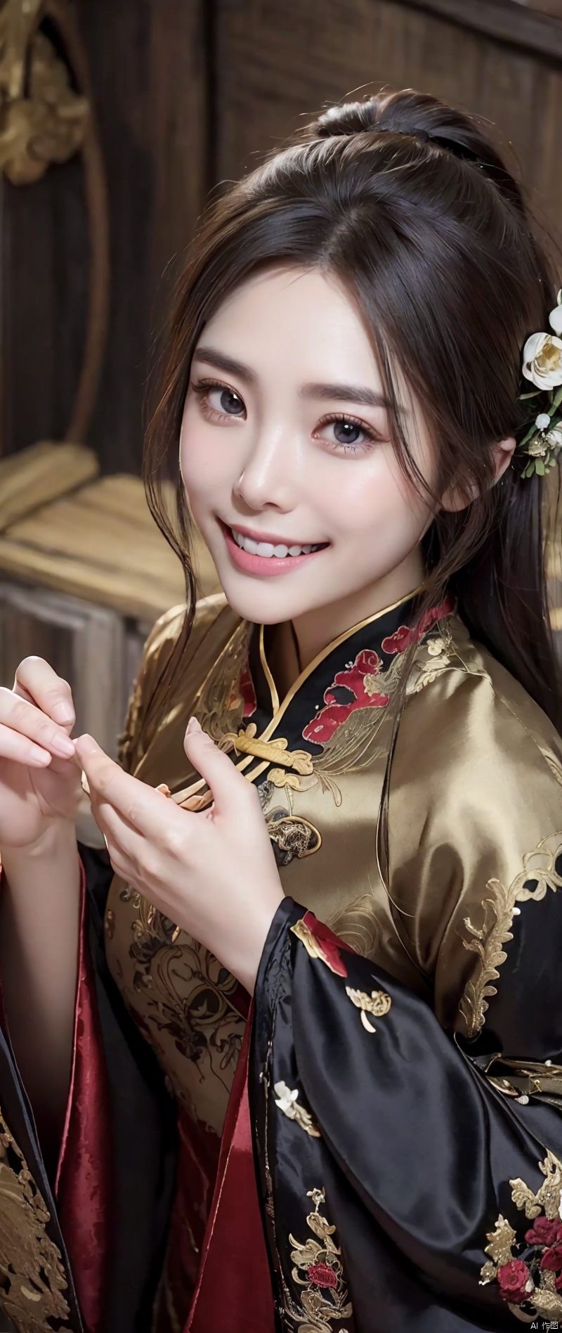 (Best Quality:1.2), (high resolution:1.2), (beautiful face and eye:1.2), (sharpest focus:1.2), (Ultra-realistic Photo:1.2), (Ultra-precise Photo:1.2), (Depth of field:1.2), (8k high resolution:1.2), (perfect anatomy:1.2), (nice hands:1.5), 
(perfect hands:1.5), (Very young and neutral and beautiful Chinese man:1.5), (One iron whistle in each hand and wielded like a weapon:1.5), (A heroic stance:1.3), (A beautiful nobleman:1.0), 
(A shiny black hermit-like garment with fancy embroidery:1.0), (Fearless smile:1.3), (A secluded hermit-like place deep in the mountains of China:1.0), (Mysterious fairyland:1.2), (Looking up angle:1.0),