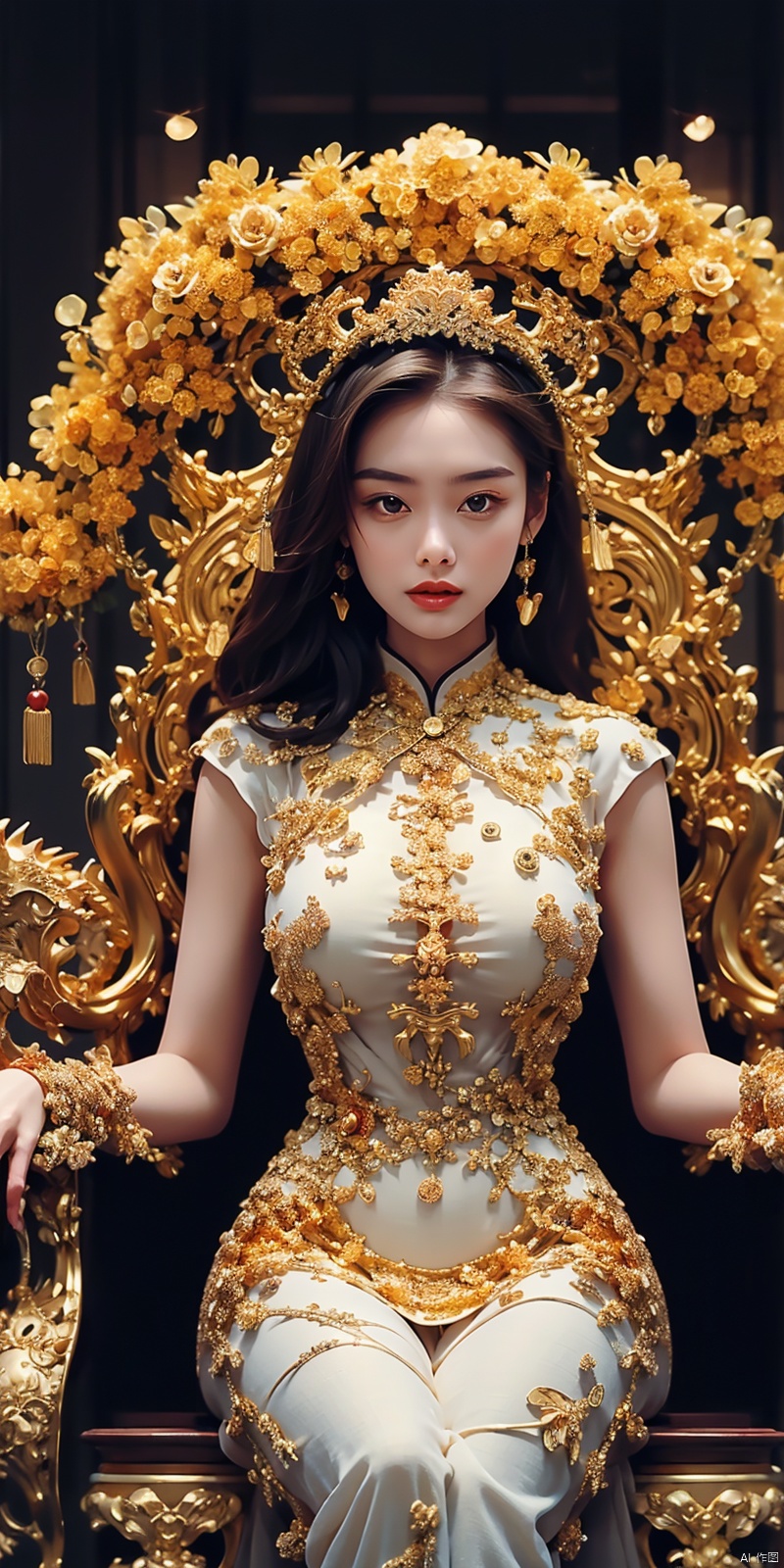  A Chinese girl sitting on a throne, a throne encrusted with precious stones, surrounded by Chinese phoenix beasts, gold and ruby color, unique monster illustration, dau al set, high resolution, A painting, dense composition, playful repetition, Pedras preciosas, crystals, gold, Detailed paintings, unique monster illustration, Super fine details, Realistic, Super high resolution, complex, Super detail, cinmatic lighting,(Red and gold dress:1.3), zixia,金钱树