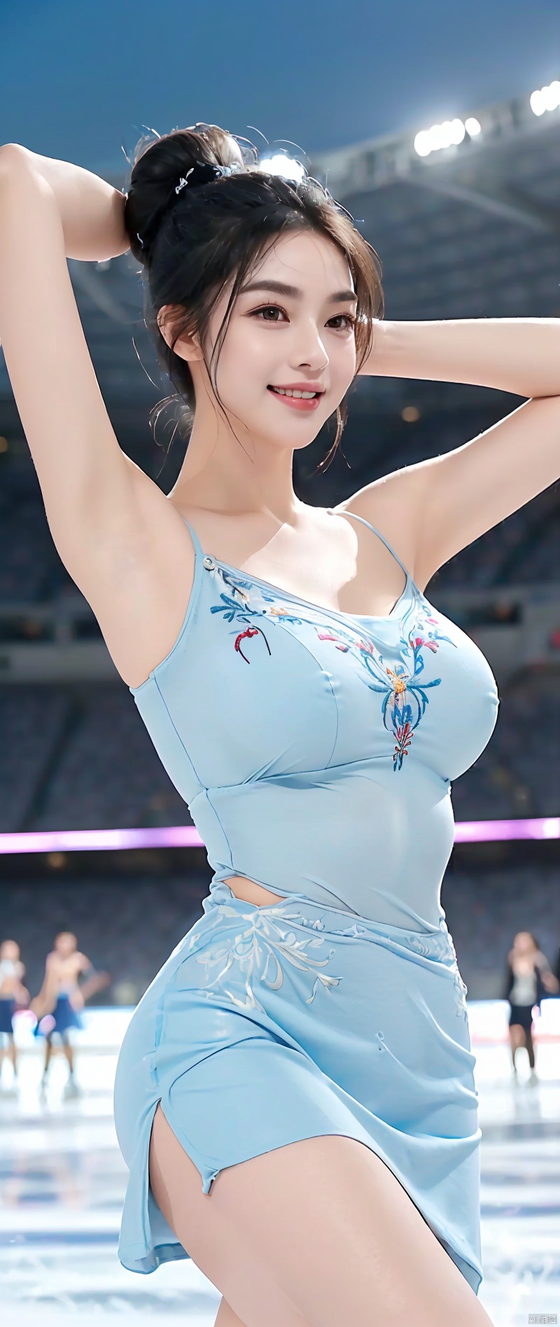 ((((8k))),((Extremely meticulous CG)) ,(wallpaper),16k,((Extremely refined and beautiful)),(((Masterpiece))),(((best qualtiy))),(((Ultra High Resolution))),beautiful light up,Perfect lightning,realistic shaded,[A high resolution],(Smooth and flawless fair skin:1.5),(pale skin:1.3),Extremely exquisite facial details,(perfect body:1.1),ultra-detailed,a girl,solo,small head,(black hair:1.1),(bun:1.1),small face,Exquisite makeup,(plump figure:1.2),happy,(Smile:1.2),(huge breasts:1.5),(huge underboob:1.5),towering chest,lace,see through,(exquisite embroidered light blue figure skating dress short skirt:1.3),(cleavage,navel),Skirt flying,(slender legs:1.2),(round hips,sharply hips),underwear,(stockings:1.1),(ice-skates:1.2),(night scene:1.5),indoor,(In a spacious sports stadium:1.3),(Many spectators are in the stands:1.3),(On the skating rink:1.3),(detailed background:1.5),(Skating:1.3),(Dancing:1.3),(Dynamic pose:1.2),(upper body:1.3),(from front:1.3),bright light