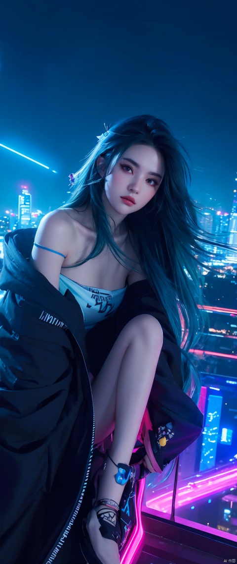 (masterpiece), best quality, ultra high res,, cyberpunk 1girl flying above stunning cityscape ,hoodie,blue hair,  neon color shooting stars, very long hair, off shoulder, feather hair ornament, neon colors, flashes, stunning night sky, cinematic lighting, photorealistic, realistic skin, HDR,fisheye