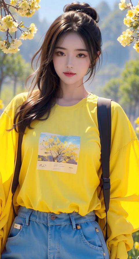 Prompt: An incredibly charming  carrying a backpack, accompanied by her adorable puppy, enjoying a lovely spring outing surrounded by beautiful yellow flowers and natural scenery. The illustration is in high definition at 4k resolution, with highly-detailed facial features and cartoon-style visuals.