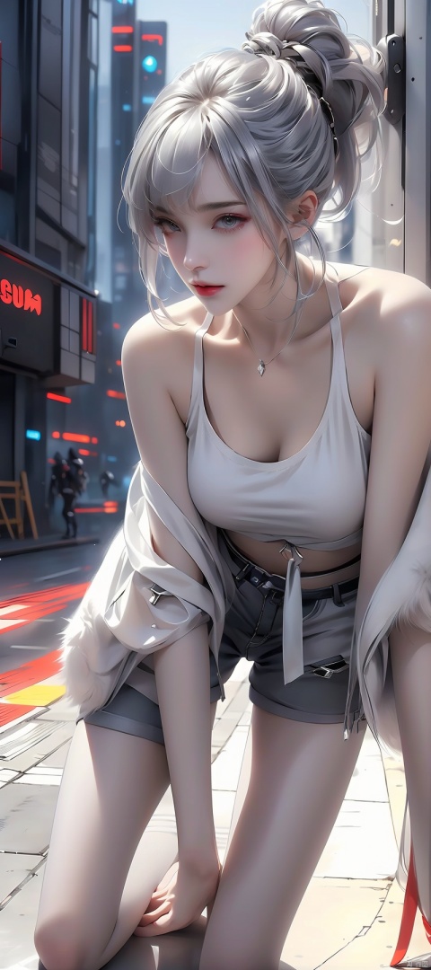animetoreal,soft light, masterpiece, best quality,high quality,delicate face, realistic,1girl,full body, leaning forward,silver wolf, gray eyes, high ponytail, cyberpunk, white top, open belly, shorts, fur coat,castle