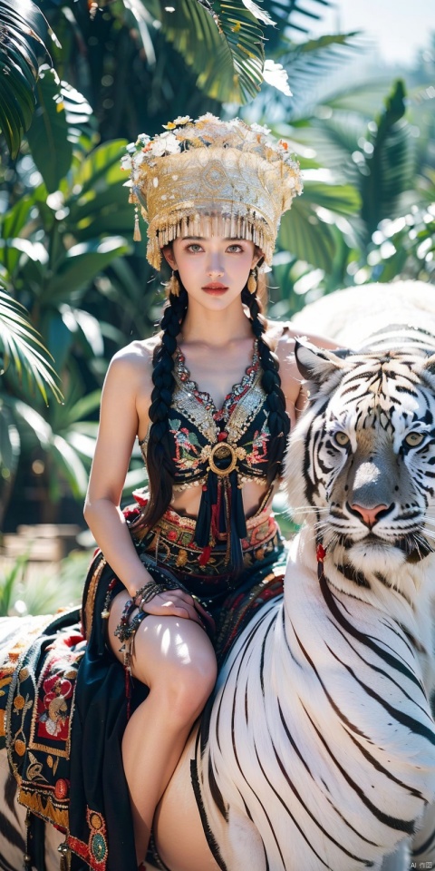 raw photo,ultra realistic,(masterpiece, 8k uhd, HDR, extremedetailed, intricate details, best quality, professional, vividcolors),

(1girl wearing costume and riding on a a white tiger inJungle),Reins,(Traditional headwear:1.2),

((Jungle scapel),looking at viewer,dutch angle, 1girl
