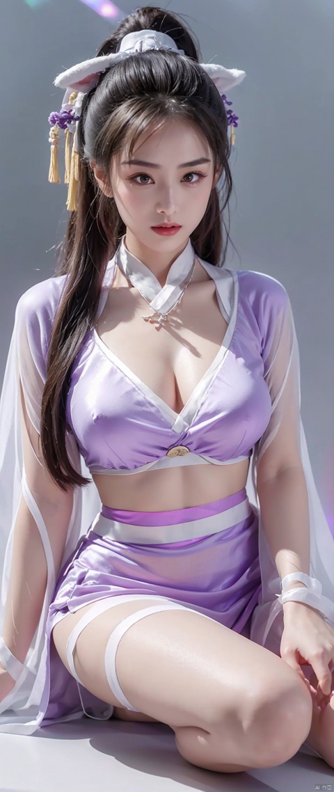 1 beautiful girl in Han costume, Thin purple silk shirt,white colors,The texture is diverse, white lace top, long platinum purple ponytail, hair adornments, ear jewelry, light purple rabbit ears, necklace and necklace, meticulously drawn large purple eyes, meticulous makeup, Thin eyebrows, High nose, lovely red lips, Without smiling, pursed lips, rosycheeks, Wide breasts, Big breasts , well-proportioned bust, Slim waist, purple mesh socks, chinese hanfu style, fictitious art textures, vivid and realistic colors, RAW photos, Realistic photos, ultra high quality 8k surreal photos, (effective fantasy light effect: 1.8), 10x pixel, Magic effects (Background): 1.8), Super detailed eyes, girl body portrait, Solo girl, ancient hanfu background,