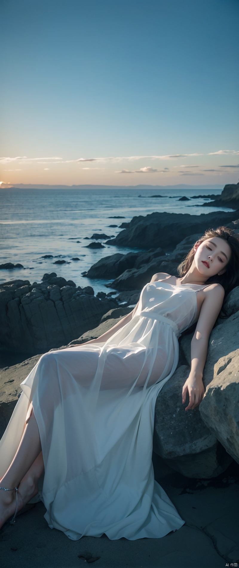 ((Superior quality, 16k, masterpiece)), (Beauty, 1 girl, sleeping at the bottom of the sea, dark maritime scenery, white dress)., aimeibo