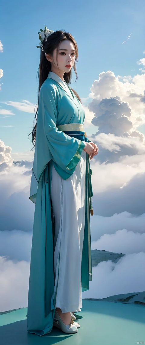 masterpiece, best quality, 32k uhd, Fairy in Cloudsabove clouds
green Hanfufull bodyPanorama
