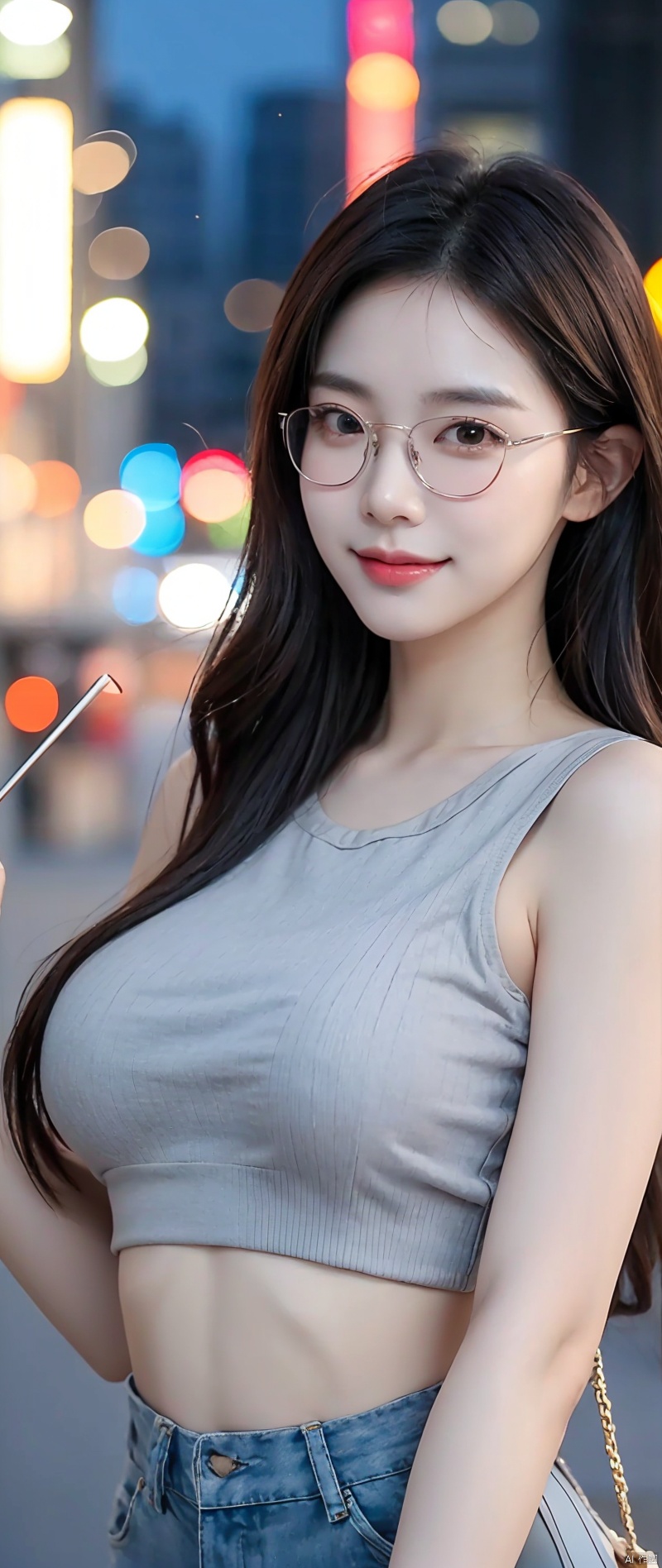 close-up of beautiful korean female, 34 inch breasts size, slightly smile , wearing  gray striped crop  top, glasses, carry bag, bokeh background 