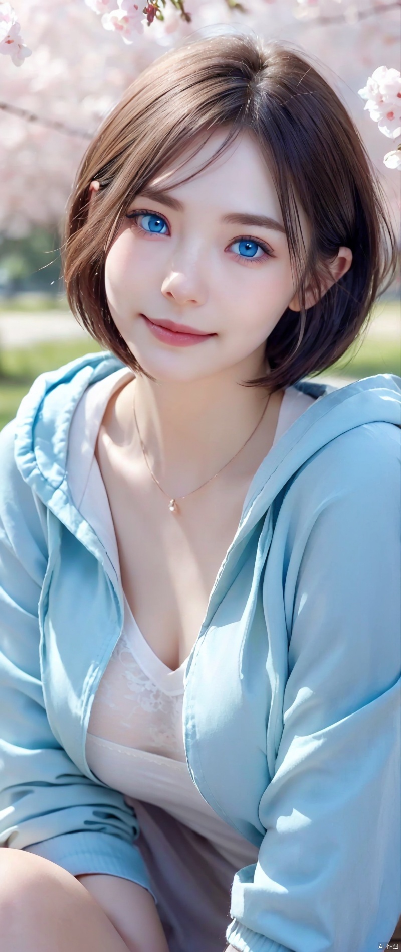 Pale face and eyes:1.3、Very thin face and eyes:1.3, (blue eyes:1.5)、{highest quality}, {{masterpiece}}, {very delicate and beautiful}, outstanding light and shadow, highly detailed wallpaper, clear and bright sunlight, head portrait, 1 girl, , blush, short bob hair, strong sunlight, (pink hoodie),  delicate hair, (realistic skin texture:1.3), saggy breasts, cleavage、or wrinkles on the skin are noticeable., B cup, broad shoulders, ((a strong light shines on your face)), necklace、ring、earrings、smile、smile、smile、A park with cherry blossoms in full bloom, sit under the cherry tree:1.5