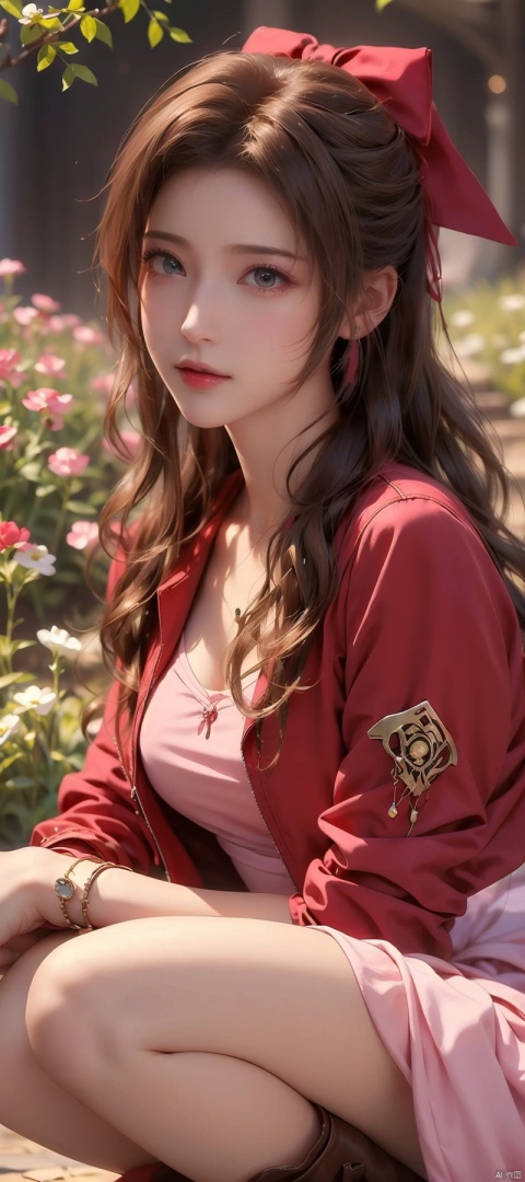 (masterpiece:2.0), solo, ((((aerith gainsborough, red cropped jacket, hair bow, bracelet, pink dress, brown boots)))), , from_side, cowboy shot, squatting with knees close together,flower , (finely detailed:1.7), (beautiful and clear background), ((outdoors, A beautiful garden bursting with flowers of various colors)) , (shiny_skin:1.3), nice hands, perfect hands, smile, , extremely and best quality, extremely and ultra detailed, beautiful detailed eyes, Very detailed CG unified 8k wallpaper, extremely detailed CG unity 8k wallpaper, extremely detailed CG unity 8k, extremely delicate and beautiful girl, ultra-detailed, (perfect anatomy), (high detail), (high quality), (high resolution), (beautiful detailed face), (ultra detaild background), beautiful and clear background,aerith gainsborough, aomei