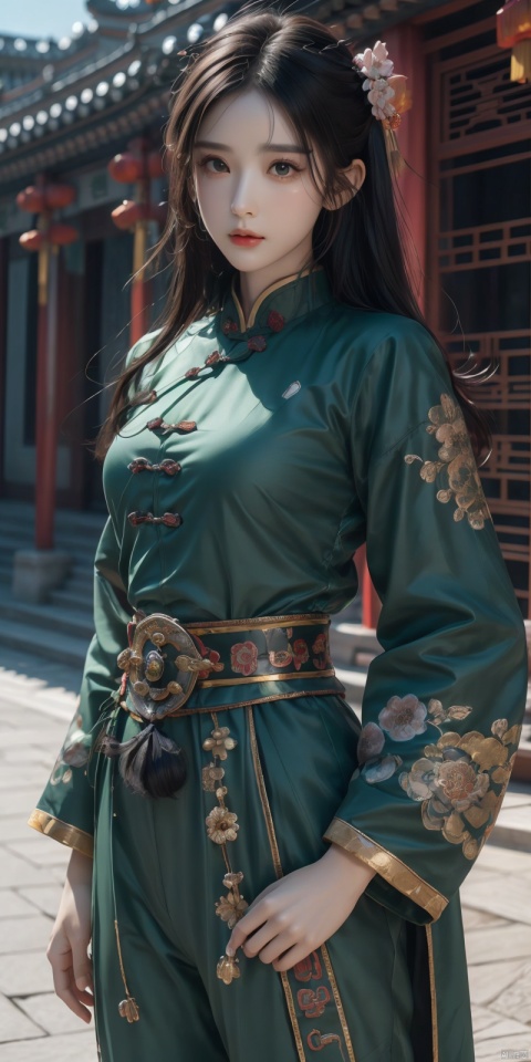 The whole body, including the crown of the head, is in the picture, (green clothes, fearless and intelligent face, (colored skin), (waist-length, heavy black beard): 1.2), (clothes of the Three Kingdoms era: 1.2), long pants, (insanely detailed, bloom: 1.5), (best quality, photo, 4K), (photo: 1.2), (high sharpness), (detailed pupil: 1.1), (photo: 1.1), detailed face and eyes, Masterpiece, Top Quality, (HD Photo:1.1), 8k, Photorealistic, (Black Hair Color), (pureerosface_v1:0.2), [:(More Face:1.2):0.2], Sharp, Real, Real Shadow, (Chinese Castle Background: 1.2), Guan Yu alone.