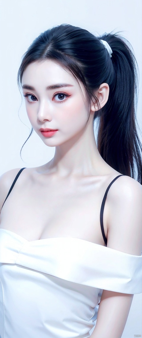 A slender woman, red glossy lips, (Extremely detailed beautiful face), (The sexiest look), (black clothes), (best quality), (Super detailed), (Extremely detailed CG unified 8k wallpaper),original photo, Professional photography, (standing), (pure white background:1.5),(Long black ponytail hair:1.2),Show forehead,(cleavage),(Warm light source),(big eyes),(SMALL breast),(Pictures of thighs and above:0.5),(average light source)