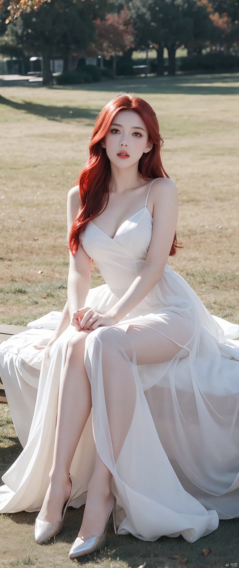 8K Ultra HD, Mastmis, A girl, Good face, Detailed, Eyes, Beautiful lips, Very red hair, dishiveredhair, Medium breasts, Wedding dress, White dress, In the park, Flying birds, blows wind, clear weather, Sitting, Full body capture,