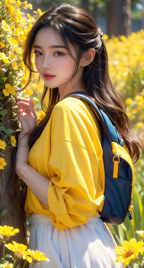 Prompt: An incredibly charming  carrying a backpack, accompanied by her adorable puppy, enjoying a lovely spring outing surrounded by beautiful yellow flowers and natural scenery. The illustration is in high definition at 4k resolution, with highly-detailed facial features and cartoon-style visuals.