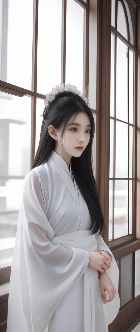 The Alavid woman in a white robe looked out the window, Palace , A girl in Hanfu, White Hanfu, Hanfu, inspired by Gu An, Wearing ancient Chinese clothes, with acient chinese clothes, Chinese girl, Inspired by Tang Yifen, inspired by Zhu Derun, Traditional beauty, Inspired by Qiu Ying, inspired by Zhang Yan