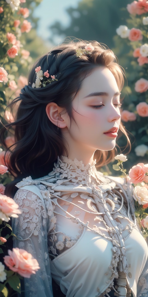 Girl in the garden,illustration,detailed flowers,Best quality,A high resolution,Ultra-detailed,Realistic,Intricate details,Soft lighting,Vibrant colors,Bokeh,Peaceful atmosphere,Tranquil Mood,serene environment,The harmony between nature and human existence