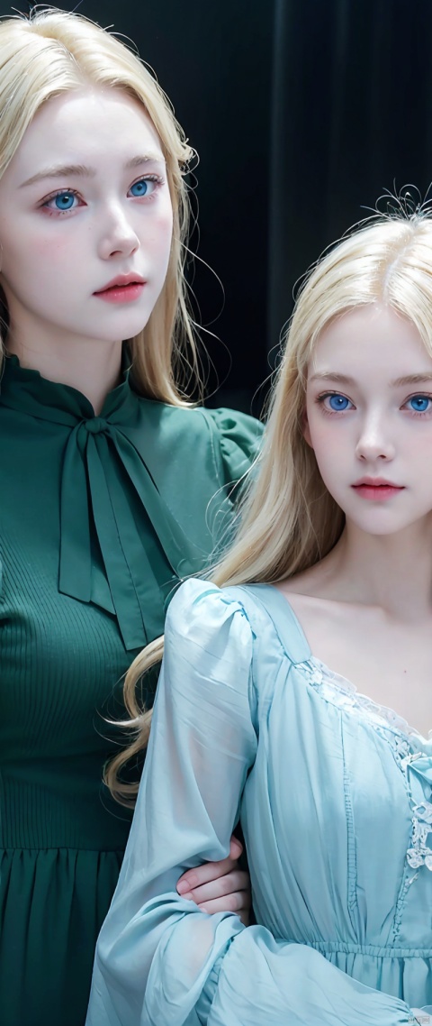 two girls, (Virginia Otis, 15 years old (blond hair, blue eyes)) pose with (16 years old Georgie Gerald (blond hair, green eyes)). Victorian style. thin, cute face, walks at night in Canterville Castle (inspired by the novel The Canterville Ghost). aged 1887, Victorian fantasy