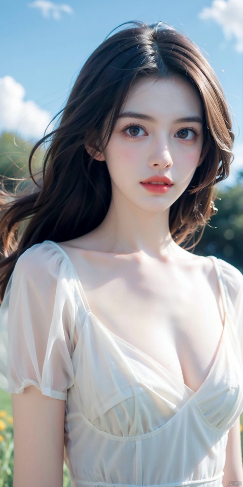 1 girl, looking at the audience, realistic, long hair, long hair blown by wind, solo, flowers, sky, sky, outdoor, short hair, brown long hair, science fiction, blur, grass, realism, clouds, blue sky, chest, lips, transparent, transparent, transparent, 