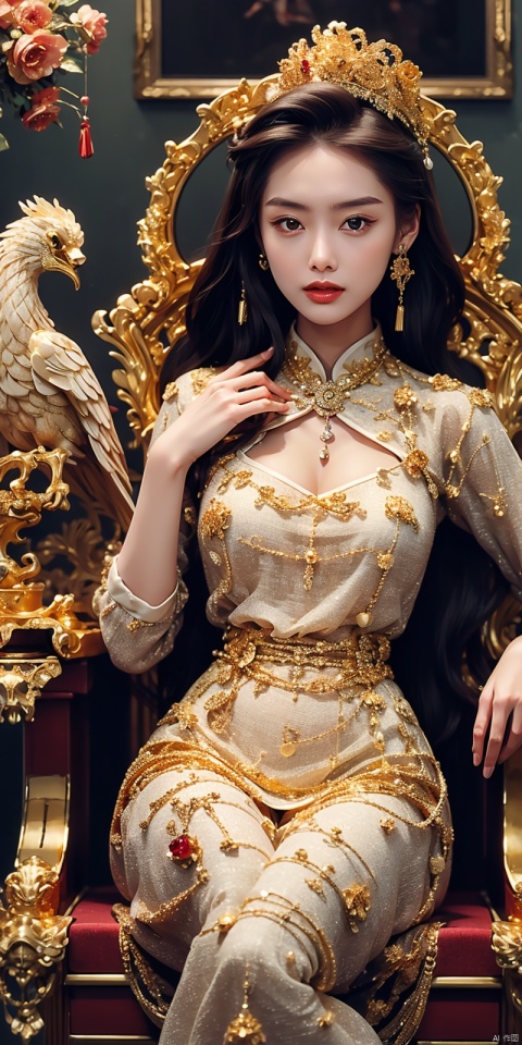  A Chinese girl sitting on a throne, a throne encrusted with precious stones, surrounded by Chinese phoenix beasts, gold and ruby color, unique monster illustration, dau al set, high resolution, A painting, dense composition, playful repetition, Pedras preciosas, crystals, gold, Detailed paintings, unique monster illustration, Super fine details, Realistic, Super high resolution, complex, Super detail, cinmatic lighting,(Red and gold dress:1.3), zixia,金钱树