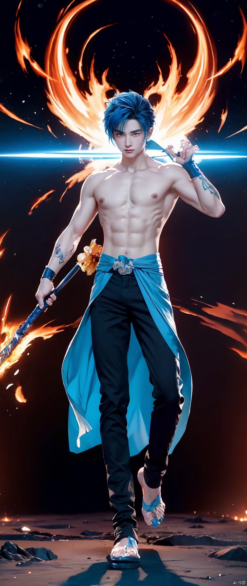  Get ready for a visual feast with Gohan having a handsome face and piercing red eyes, Brilliant blue hair and tattoos, Balanced character portraits and landscapes, and a perfect body. In his transformed state, He radiates extreme instinct and strength, Create an epic anime about this energy man. Fire and lava in stunning anime artwork will leave you in awe. This conceptual art is directly from the Universe, With manga-style 8K wallpapers that will take you to another dimension. Get ready to be amazed by this detailed digital anime artwork, Show the ultimate combination of style and strength.
