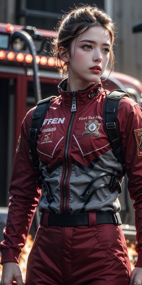 (8k, RAW photo, best quality, masterpiece: 1.2), ultra detailed, official art, photo-realistic: 1.37, upper body shot, young Fire Department Red safety suit, gray cancan putting out fire grain film, action pose