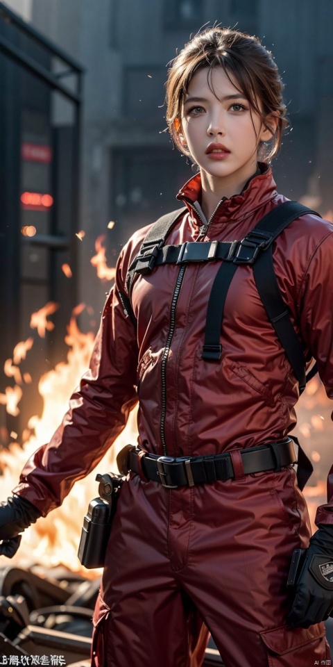  (8k, RAW photo, best quality, masterpiece: 1.2), ultra detailed, official art, photo-realistic: 1.37, upper body shot, young Fire Department Red safety suit, gray cancan putting out fire grain film, action pose, huoshen