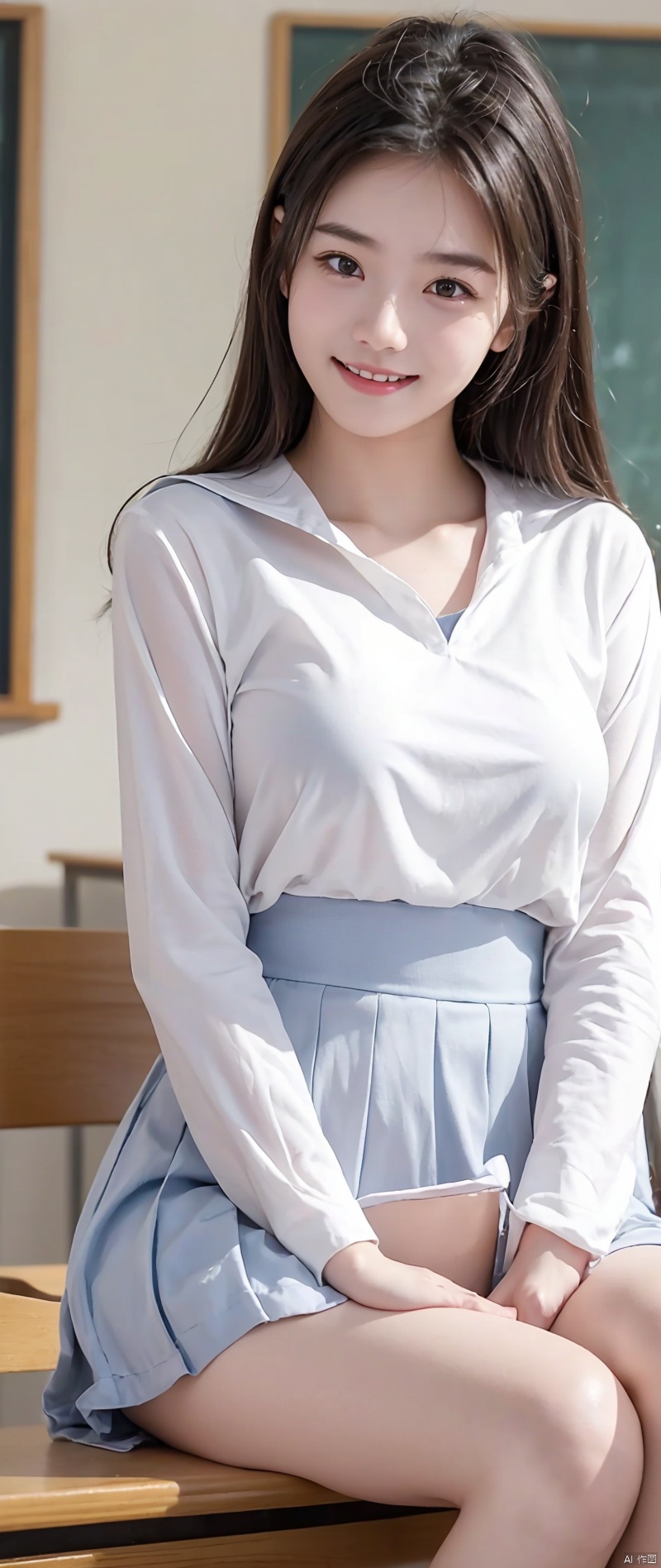 (masterpiece, highest quality:1.2), 8K, young beautiful girl, 85mm,Official AR RAW photo, baby face、clothed big breasts、show me your ears、photo shoot, cute face, thighs, After school classroom, looking at the viewer, embarrassing、smile、no makeup, film grain, chromatic aberration, sharp focus, face light, clear lighting, Ten generations, detailed face, background bokeh、((((((16 year old high school girl))))))、thin waist、sailor suit、not wearing a skirt、pubic hair、vagina