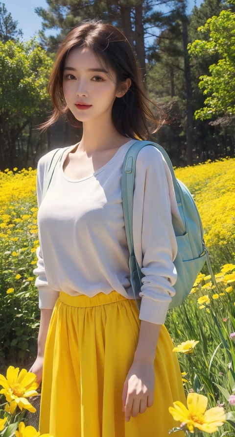  Prompt: An incredibly charming carrying a backpack, accompanied by her adorable puppy, enjoying a lovely spring outing surrounded by beautiful yellow flowers and natural scenery. The illustration is in high definition at 4k resolution, with highly-detailed facial features and cartoon-style visuals.