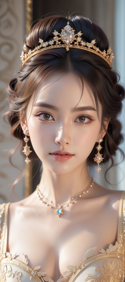 a portrait of a queen, BREAK, 1girl, detailed face, intricate crown design with beauiful gemstone,  fur-trimmed mantle, curly hair updo, royal statement necklace jewelry set, glowing pendant, super details intricate pattern gold plate dress, cleavage, Vogue style photo shoot, (realistic:1.3), 8k, 