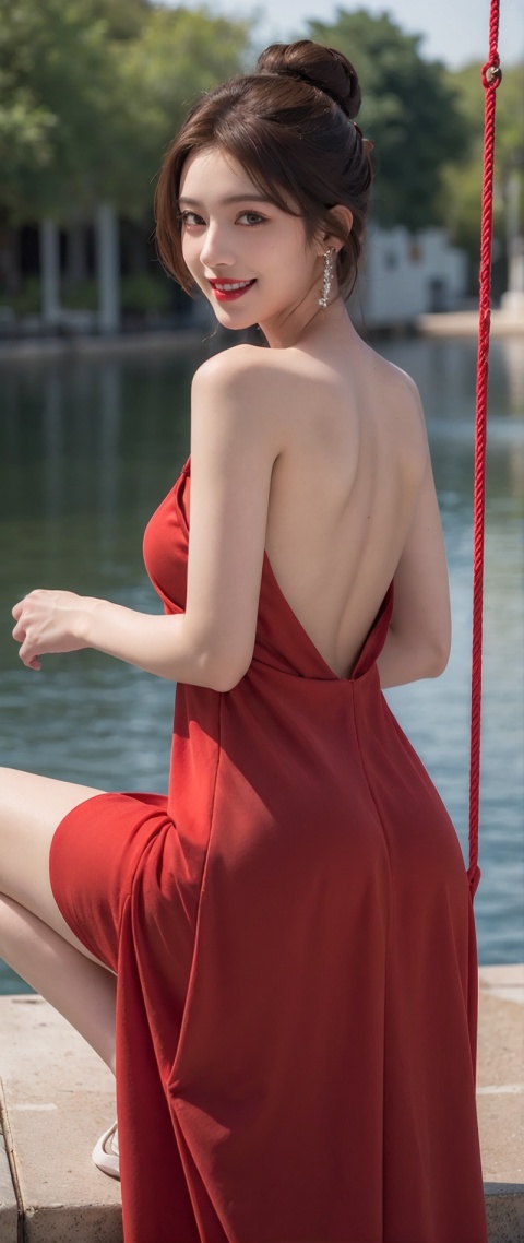  1girl,solo,full body,sitting,(swing:1.3),brown hair,bare back,(red Long Dress:1.2),backless dress,jewelry,(smile:1.3),shy,blush,Sexy,hair bun,plant,(flower:0.7),from behind,back,red lips,water,scenery,reflection on the surface of the water,(8k, 4k, best quality, highres:1.1),realistic,photorealistic,magazine cover,(illustration),(masterpiece),detailed,clear sharp focus,cinematiclighting,(realistic, photo-realistic:1.1),beautiful face,intricate,highly detailed,digital photography,(masterpiece, sidelighting, finely detailed beautiful eyes:1.2),hdr,physically-basedrendering,professionallighting
