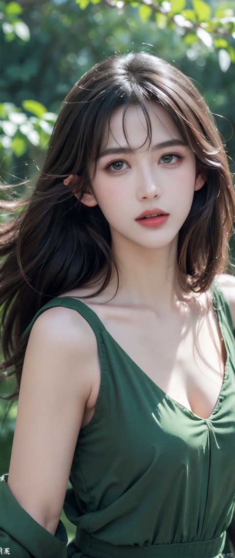 (Masterpiece, Top Quality, Best, Official Art, Beautiful and Aesthetic, Long Exposure: 1.2), Smooth Movement, Charming Patterns, 1 Girl, (Long Dress with Sleeves: 1.3), (((Green Clothes) )), upper body close-up, bare shoulders, Chinese girl, blush, black lob hair, portrait, solo, upper body, looking at the observer, detailed background, detailed face, (crystallineAI, crystalline theme:1.1), elemental wood elf, rotation foliage, control foliage, emerald clothing, dynamic pose, floating particles, ethereal dynamics, foliage, vapor, forest in the background, green tint, forest, ethereal atmosphere,