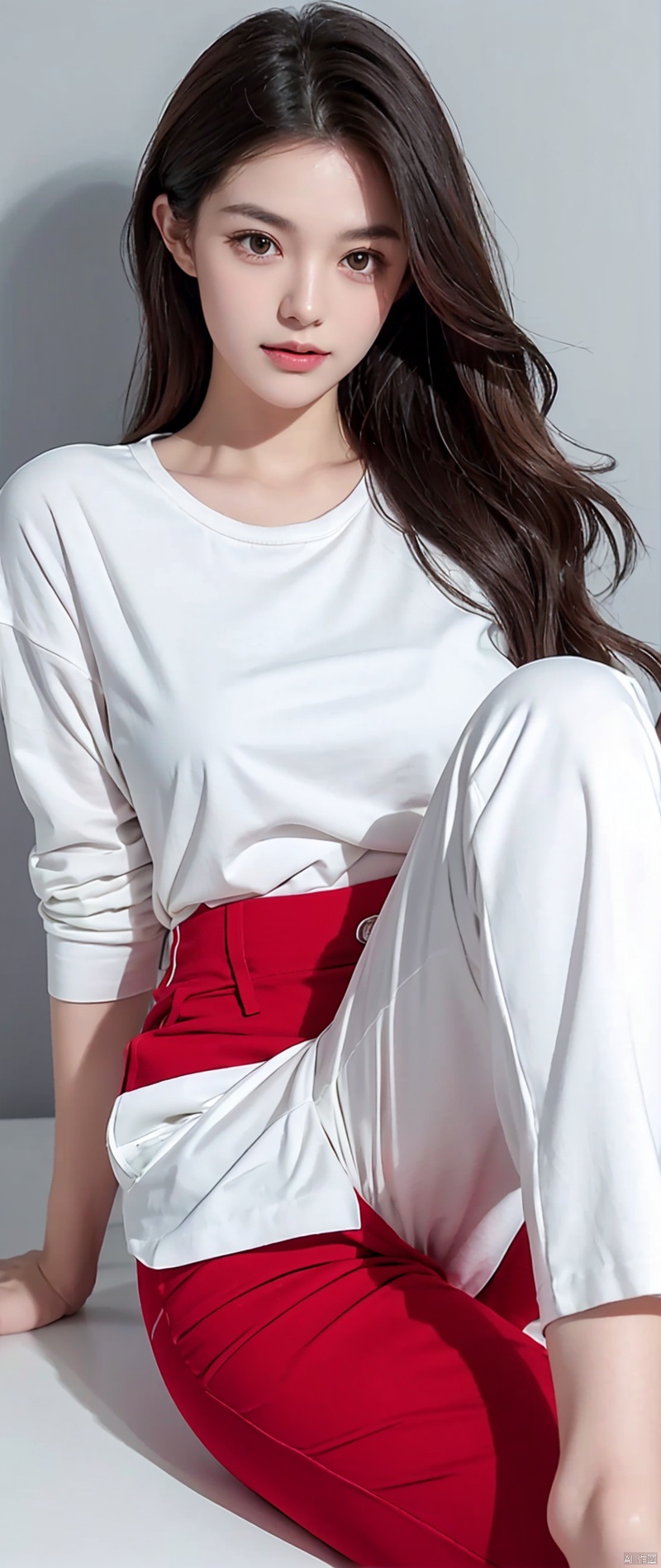 a woman in a white shirt and red pants is playing video game, simple style, wearing elegant casual clothes, muted red, simple clothes, milk and red style, casual clothing style, modern fashion outfit, wearing a fisher , casual modern clothing, inspo, red clothes, red pants, neutral tones, rred and white color scheme, casual business outfit, cute face, nike shoes, 17 years old, ***** face, ((waist length wavy hair)), ((brownish black hair)) and ((gleaming detailed grey coloured eyes)), slim frame, small breasts, long legs, slim figure, soft features, slightly wavy hair, British women