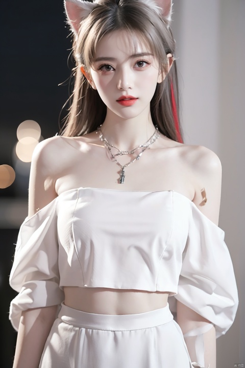  A girl,Close ups,long white hair, flowing long hair, white skirt,Thin waist, blindfold, exquisite makeup, rosy lip, off-the-shoulder, necklace,lights, ear chain, pointed ears, cat ears,gorgeous clothing, silver jewelry, lace, 1girl, yuanyuan